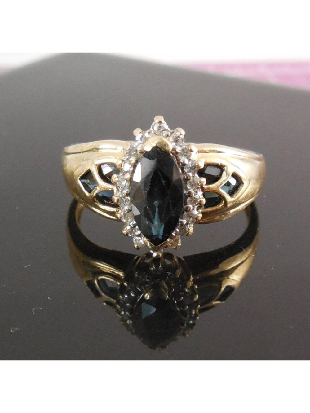 Vintage 14K Gold Blue Spinel Marquise Ring Diamond Halo Size 12 LGL 5.8g Estate